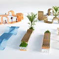 Modern Leisure Chairs With Wooden Fabric Design Blue Beige Color And Green Plants Marble Base