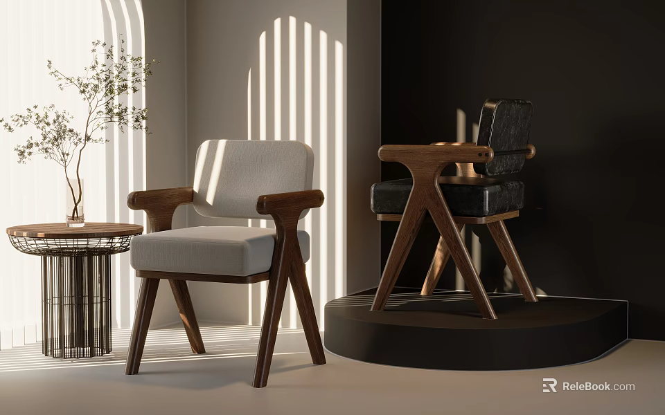 Modern Wooden Dining Chairs With Gray Black Upholstered Seats And Armrests In Interior 3d model 
