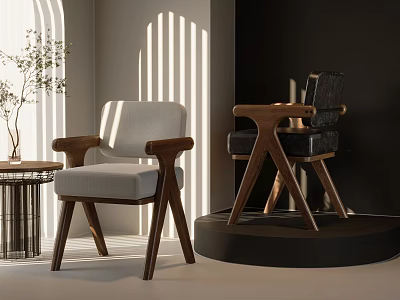 Modern Wooden Dining Chairs With Gray Black Upholstered Seats And Armrests In Interior 3d model