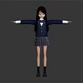 Anime School Girl Standing with Outstretched Arms in Blue Blazer Plaid Skirt on Grey Background