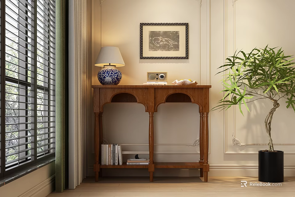 Wooden Entryway Console Table With Blue White Patterned Lamp Wall Art And Potted Plant 3d model 