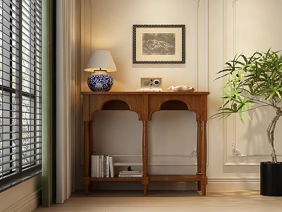 Wooden Entryway Console Table With Blue White Patterned Lamp Wall Art And Potted Plant 3d model