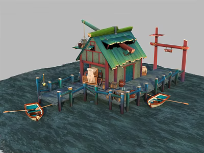 Cartoon Scene of a Hut with Green Roof Dock Barrels and Small Boats on Water 3d model
