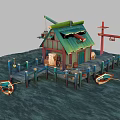 Cartoon Scene of a Hut with Green Roof Dock Barrels and Small Boats on Water