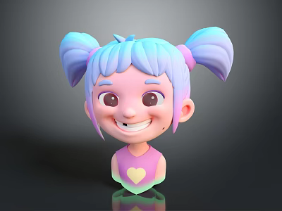 3D Rendered Cute Cartoon Game Character With Blue Pink Pigtails And Heart Shaped Top 3d model