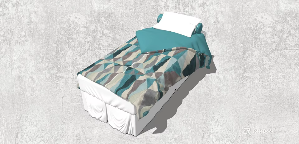 Modern Single Bed with Geometric Patterned Quilt Blue Gray Design and White Pillow 3d model 