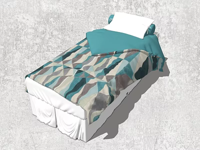 Modern Single Bed with Geometric Patterned Quilt Blue Gray Design and White Pillow 3d model
