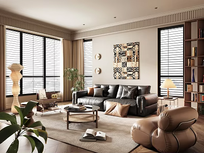 Modern Living Room Interior With Black Leather Sofa Beige Armchair Coffee Table And Window Blinds 3d model