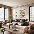 Modern Living Room Interior With Black Leather Sofa Beige Armchair Coffee Table And Window Blinds