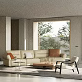 Modern Beige Sofa Set With Throw Pillows Wooden Coffee Table By Window With Tree View 3d model