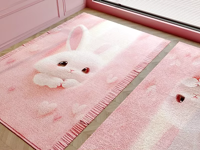 Pink Square Rug With Cute Rabbit Design Heart Patterns And Fringed Edges 3d model