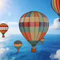 Colorful Hot Air Balloons Flying Over Blue Sky White Clouds And Ocean