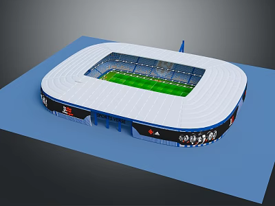 3D Stadium Model Featuring White Roof Blue Base Green Field Running Track And Advertising Boards 3d model