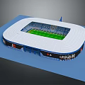 3D Stadium Model Featuring White Roof Blue Base Green Field Running Track And Advertising Boards