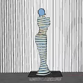 Layered Sculpture Carving Metallic Human Figure With Blue Head Square Base Vertical Striped Gray Wall