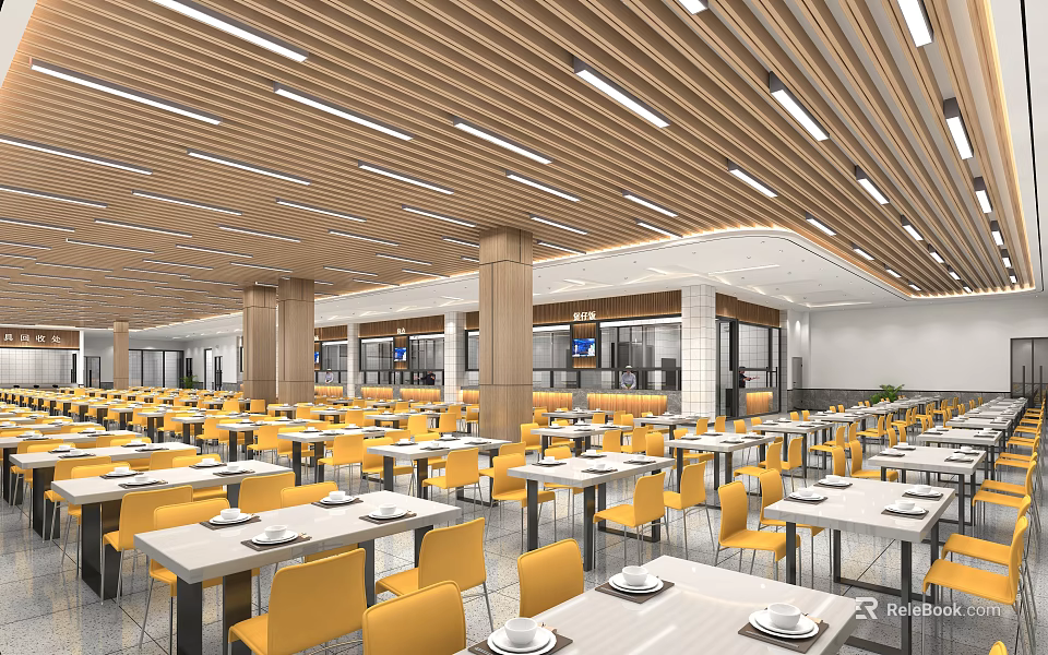 Bright Cafeteria With Yellow Chairs And White Tables 3d model 
