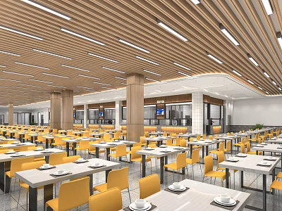Bright Cafeteria With Yellow Chairs And White Tables 3d model