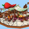 Cartoon Market Stall With Big Red Chili Pepper Striped Awning Jars Wooden Barrels And Spices
