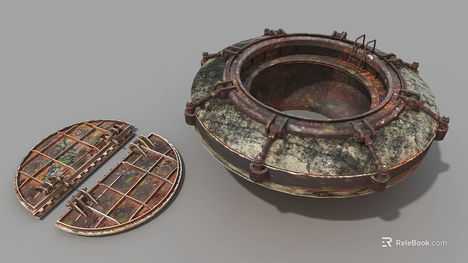 Rusty Metal Industrial Equipment Components with Bolted Frames and Grid Covers 3d model 