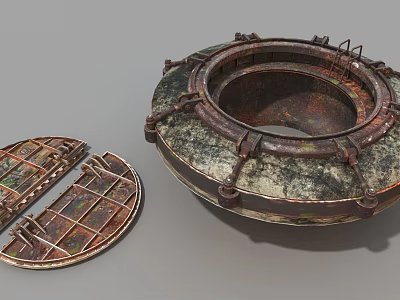 Rusty Metal Industrial Equipment Components with Bolted Frames and Grid Covers 3d model