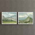 Scenic Landscape Paintings With Cloudy Sky Green Mountains And Sailboats On Water