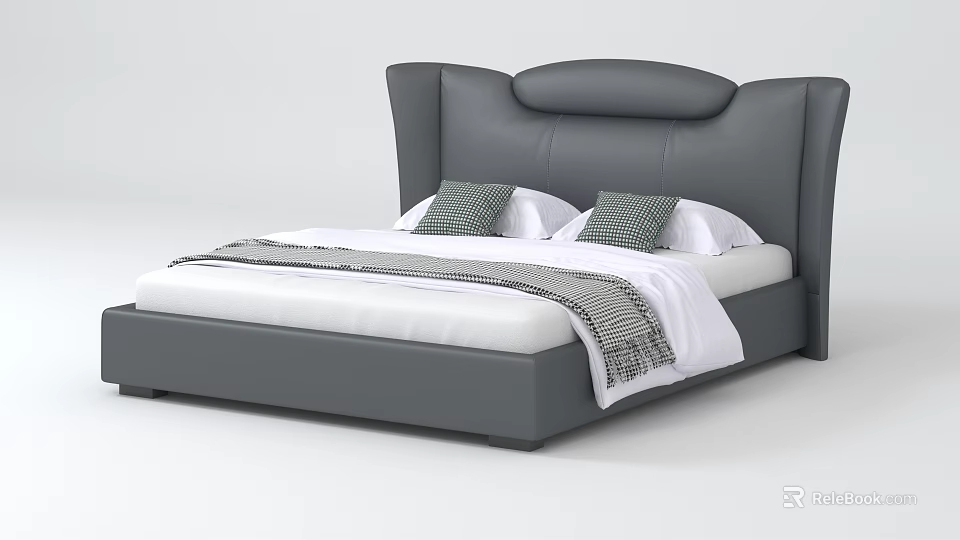 Modern Double Bed With Gray Upholstered Headboard White Sheets And Checkered Decorative Pillows 3d model