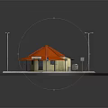 Small Building Featuring Orange Roof Yellow Structure Street Lamps Green Grass And Crosswalk