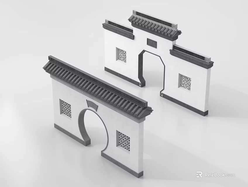 Chinese Traditional Garden Wall With Tiled Roof Lattice Windows And Arched Doorway 3d model 