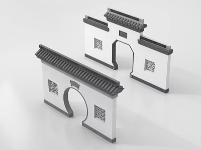 Chinese Traditional Garden Wall With Tiled Roof Lattice Windows And Arched Doorway 3d model