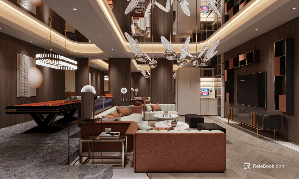 Luxury Modern KTV Interior Design With Leather Sofas Chandeliers And TV Screen 3d model 