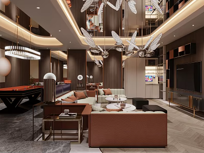 Luxury Modern KTV Interior Design With Leather Sofas Chandeliers And TV Screen 3d model
