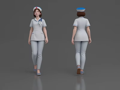 Woman In White Nurse Uniform With Cap Gray Pants Blue Shoes Front Back Views 3d model