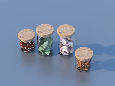 Glass Spice Jars With Wooden Lids Containing Different Spices On Gray Surface 3d model