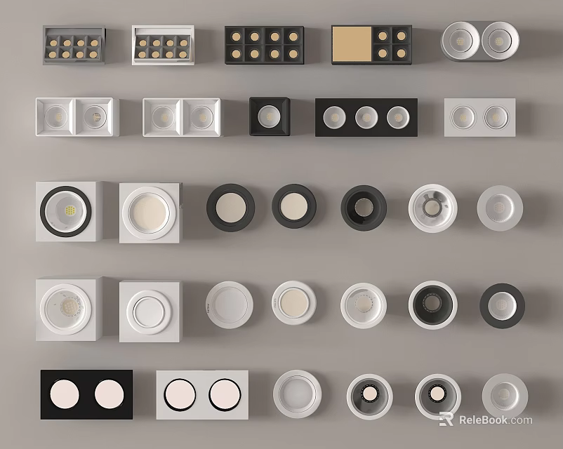 Various Types of Modern Downlights and Spotlights with Round Square Shapes and Sizes 3d model 