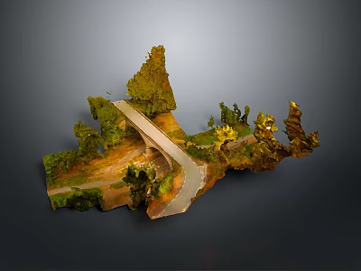 Detailed Miniature Model Scene Featuring Green Vegetation Brown Terrain White Path And Small Structures 3d model