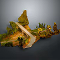 Detailed Miniature Model Scene Featuring Green Vegetation Brown Terrain White Path And Small Structures