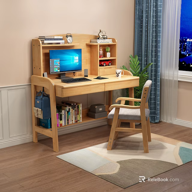 Wooden Study Desk With Computer Bookshelf Chair Plant And Night View Curtains 3d model 