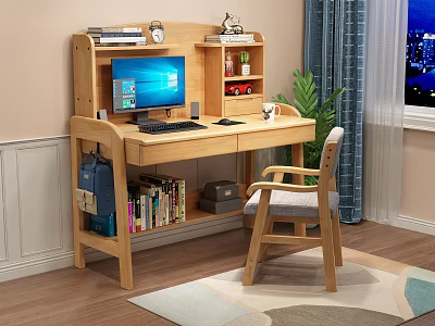 Wooden Study Desk With Computer Bookshelf Chair Plant And Night View Curtains 3d model