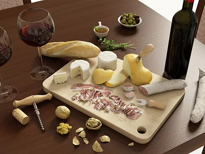 Delicious Charcuterie Board With Assorted Cheeses Prosciutto Bread Olives Red Wine Bottle And Glasses 3d model