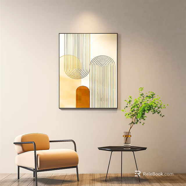 Modern Abstract Wall Art With Beige Gold Geometric Lines Armchair Small Table And Green Plant 3d model 