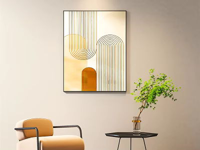 Modern Abstract Wall Art With Beige Gold Geometric Lines Armchair Small Table And Green Plant 3d model