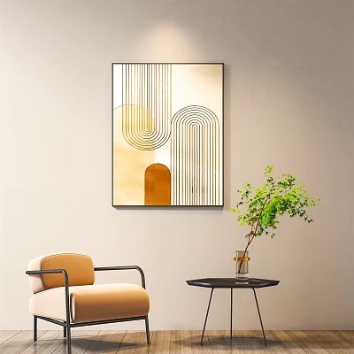 Modern Abstract Wall Art With Beige Gold Geometric Lines Armchair Small Table And Green Plant 3d model