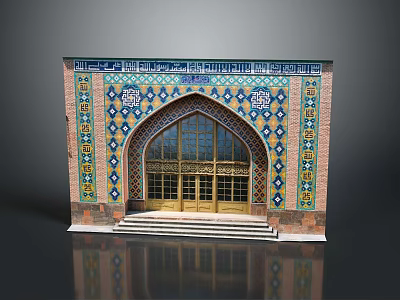 Traditional Architectural Structure With Colorful Tile Decorated Archway Golden Doors And Front Steps 3d model