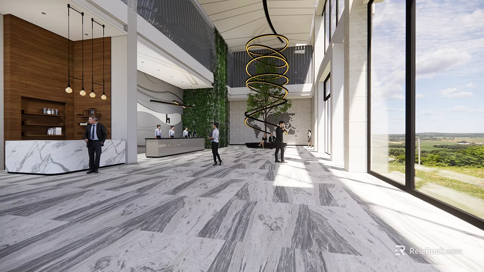 Modern Lobby Front Desk Reception With Marble Flooring Green Wall And Spiral Chandelier 3d model 