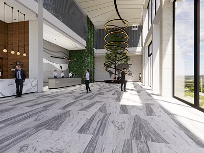 Modern Lobby Front Desk Reception With Marble Flooring Green Wall And Spiral Chandelier 3d model