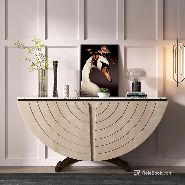 Semicircular Console Table With Marble Top Green Plant Artwork And Table Lamp 3d model 