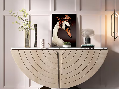 Semicircular Console Table With Marble Top Green Plant Artwork And Table Lamp 3d model