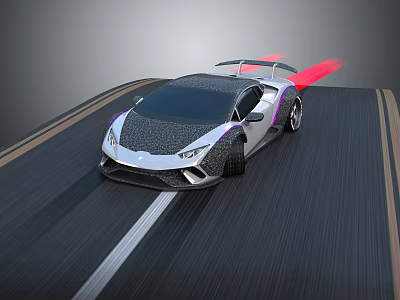 Silver And Black Sports Car With Purple Accents Red Rear Wing Speeding On Road 3d model