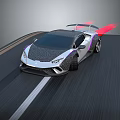 Silver And Black Sports Car With Purple Accents Red Rear Wing Speeding On Road
