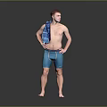 Shirtless Man With Blue Towel Over Shoulder And Blue Shorts Standing Barefoot On Gray Background